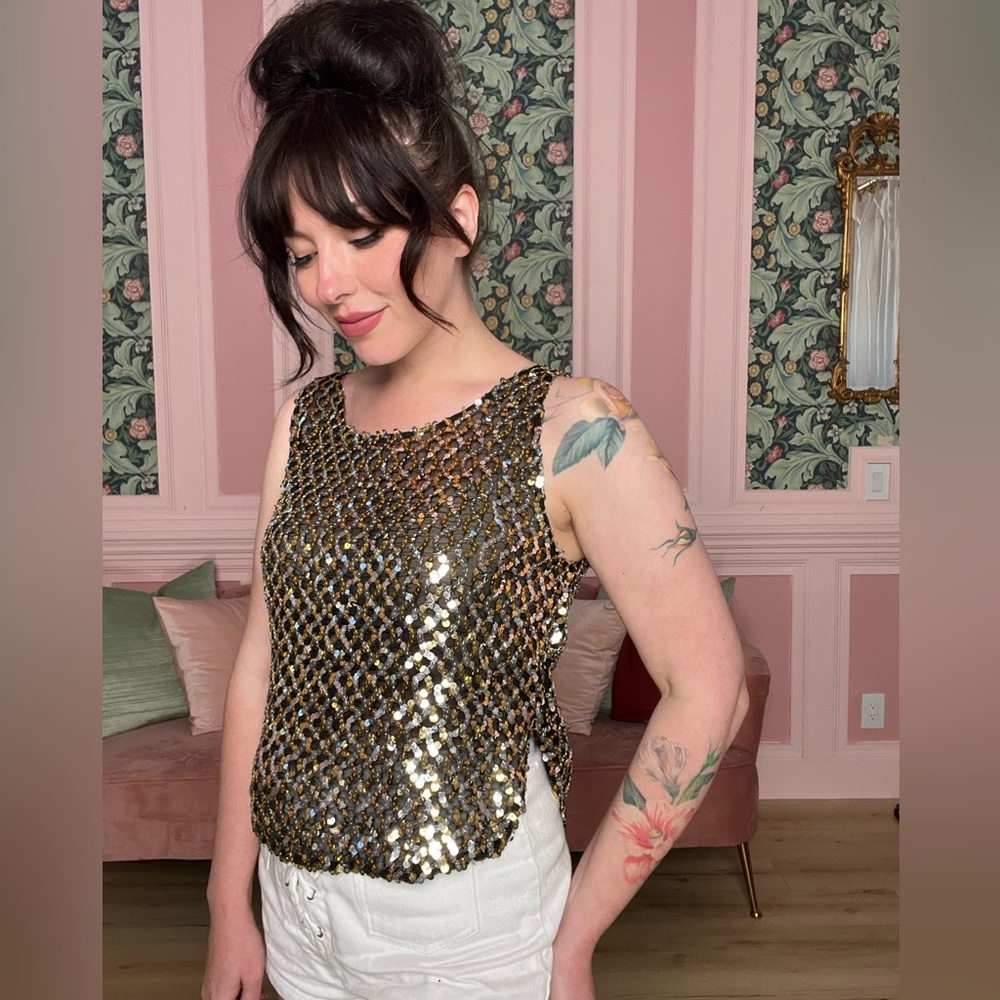 Vintage 70s disco Barbara katz gold and silver sequin on a sheer black tank top